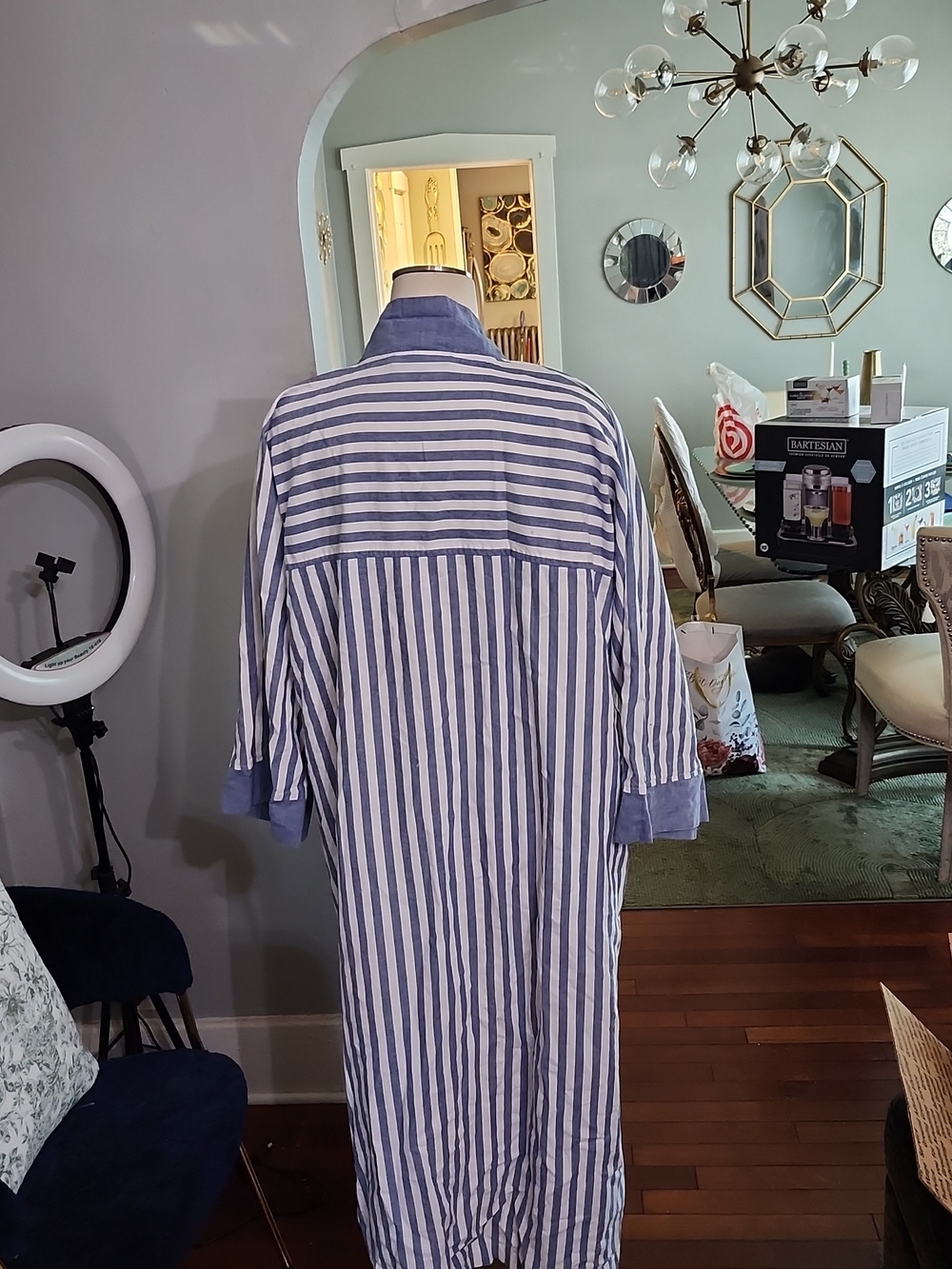 Christian Dior Blue Pinstripe Long Robe/ Duster Coat Cardigan No Belt O/S Cotton - Picture 3 of 11